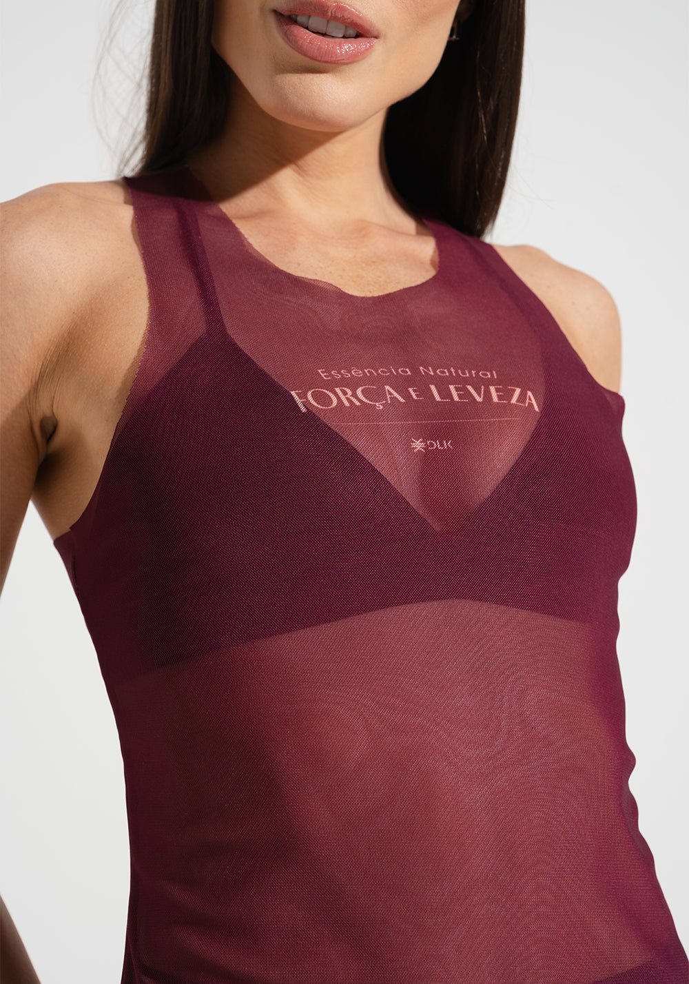 Camiseta Fitness Nadador Alongada de Tule Estampada Força e Leveza Activity Dlk