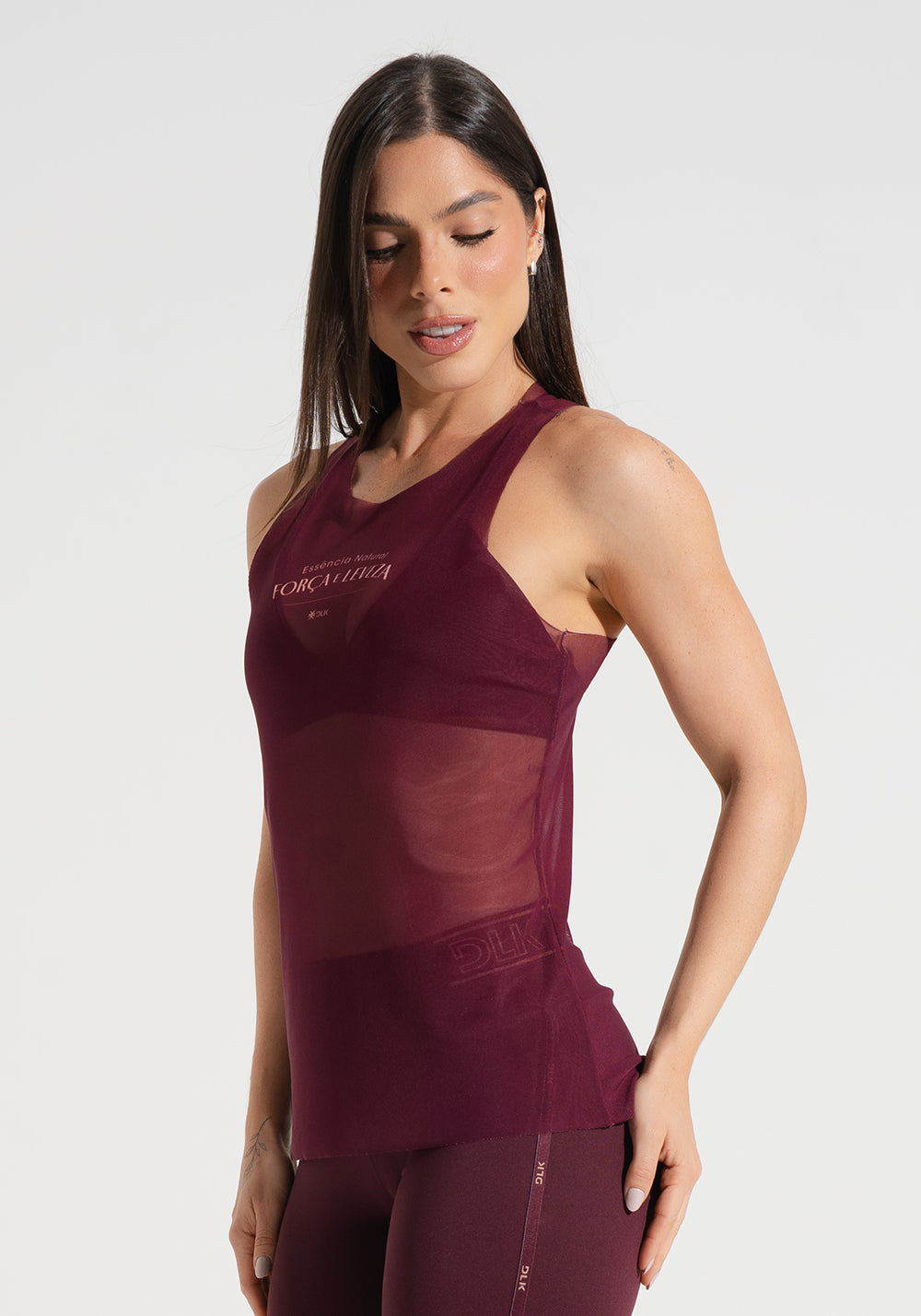 Camiseta Fitness Nadador Alongada de Tule Estampada Força e Leveza Activity Dlk