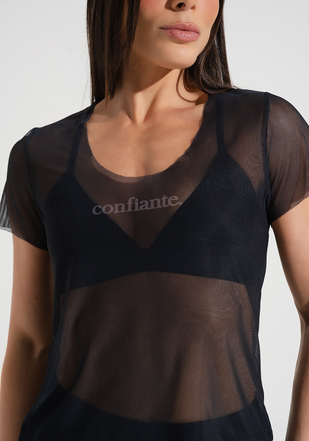 Blusa Baby Look Feminina de Tule Estampada Confiante Soul Dlk