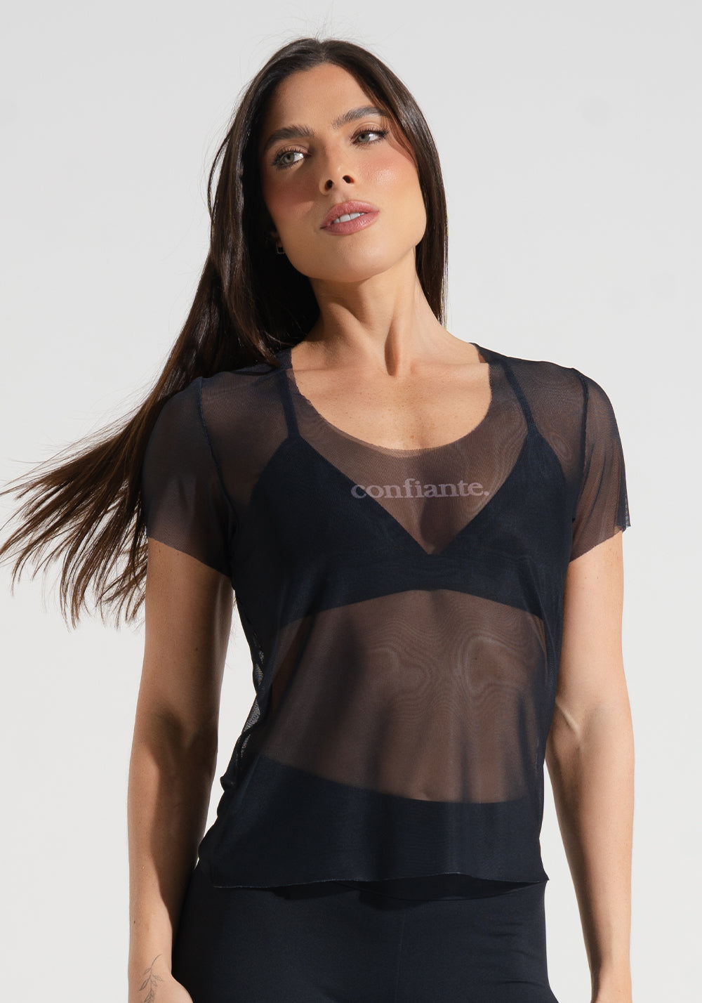 Blusa Baby Look Feminina de Tule Estampada Confiante Soul Dlk