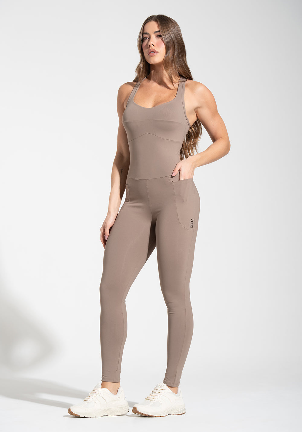 Macacão Fitness Feminino com Bolsos Soul Dlk Cáqui