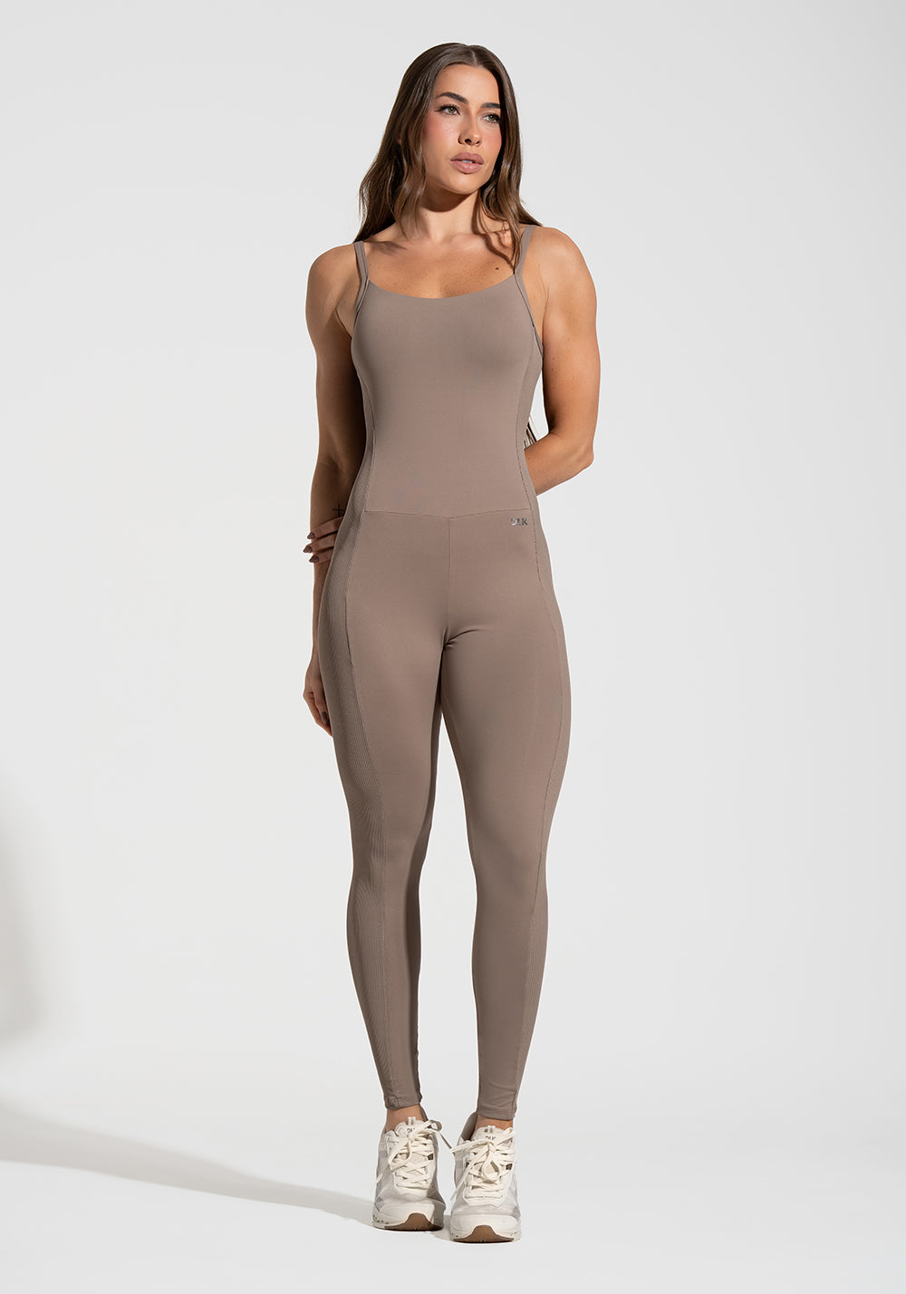Macacão Fitness Feminino com Lateral Canelada Motion Lines Dlk Cáqui