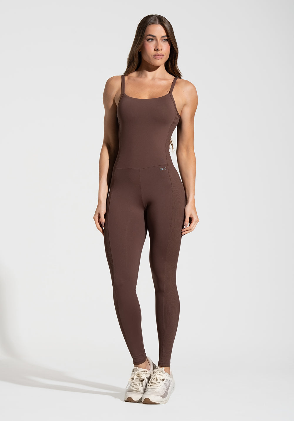 Macacão Fitness Feminino com Lateral Canelada Motion Lines Dlk Marrom
