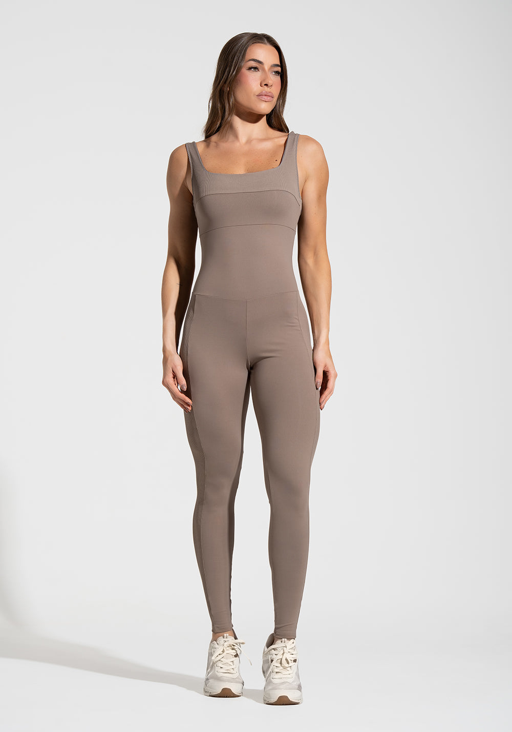 Macacão Fitness Feminino com Detalhe Canelado Motion Lines Dlk Cáqui