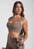 Top Fitness Feminino Decote Quadrado com Detalhe Canelado Motion Lines Dlk Cáqui