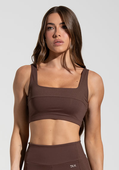 Top Fitness Feminino Decote Quadrado com Detalhe Canelado Motion Lines Dlk Marrom