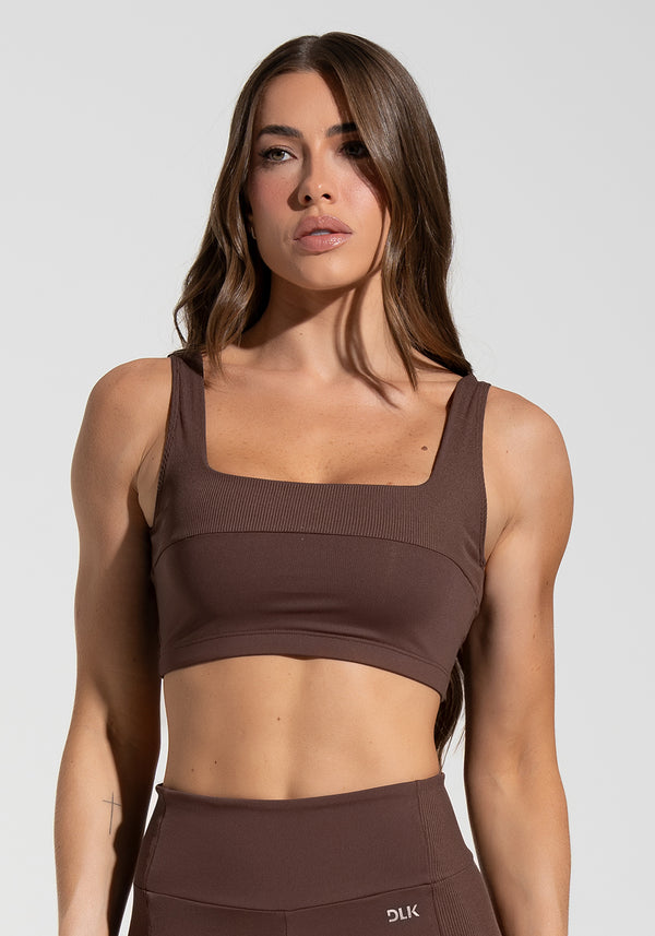 Top Fitness Feminino Decote Quadrado com Detalhe Canelado Motion Lines Dlk Marrom
