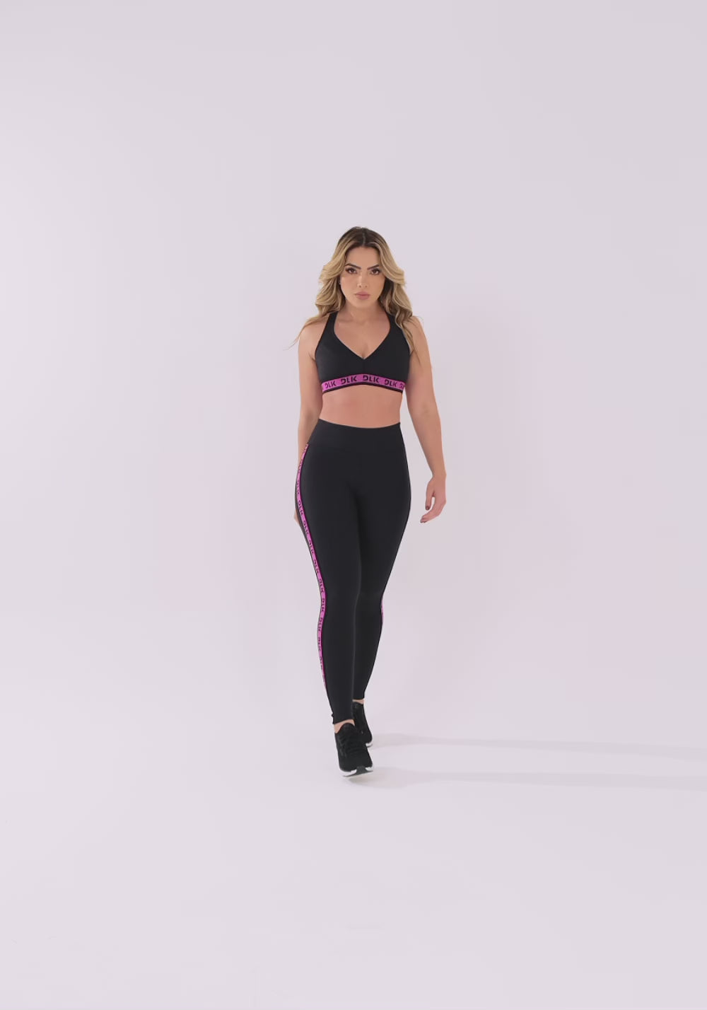 Legging Fitness Feminina Preto Com Elástico Lateral Canelado Rosa Intense Dlk
