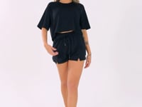 Cropped Feminino Preto Moletinho Manga Curta Raglan Flow Dlk