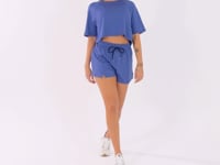 Cropped Feminino Azul Moletinho Manga Curta Raglan Flow Dlk
