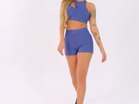 Short Fitness Feminino Azul Com Recortes E Elástico Na Cintura Flow Dlk