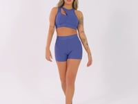 Top Fitness Feminino Azul Assimétrico Com Elástico Flow Dlk