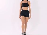 Short Fitness Feminino Preto Logomania Com Recortes E Bolsos Flow Dlk