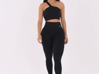 Top Fitness Feminino Um Ombro Só Preto Canelado Com Bojo Seamless+ Dlk