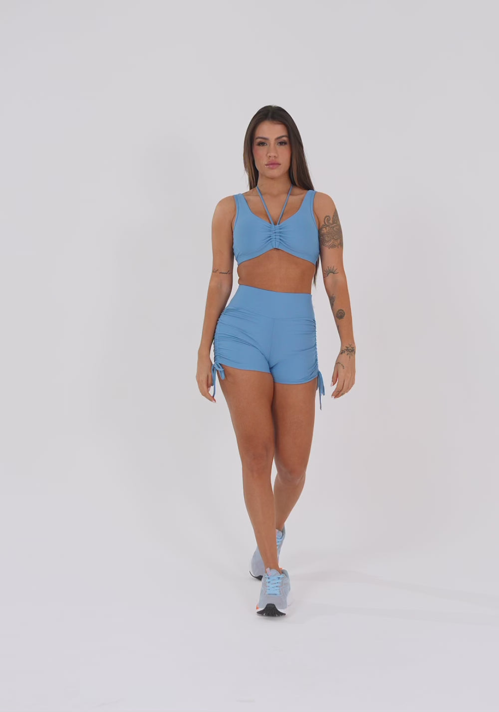 Top Fitness Feminino Azul Com Franzido E Amarração Aura Dlk