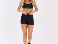 Short Fitness Feminino Preto Com Elástico Lateral Grafite E Amarelo Flúor Nation Dlk