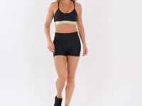 Short Fitness Feminino Preto Com Elástico Lateral Cinza E Amarelo Flúor Nation Dlk