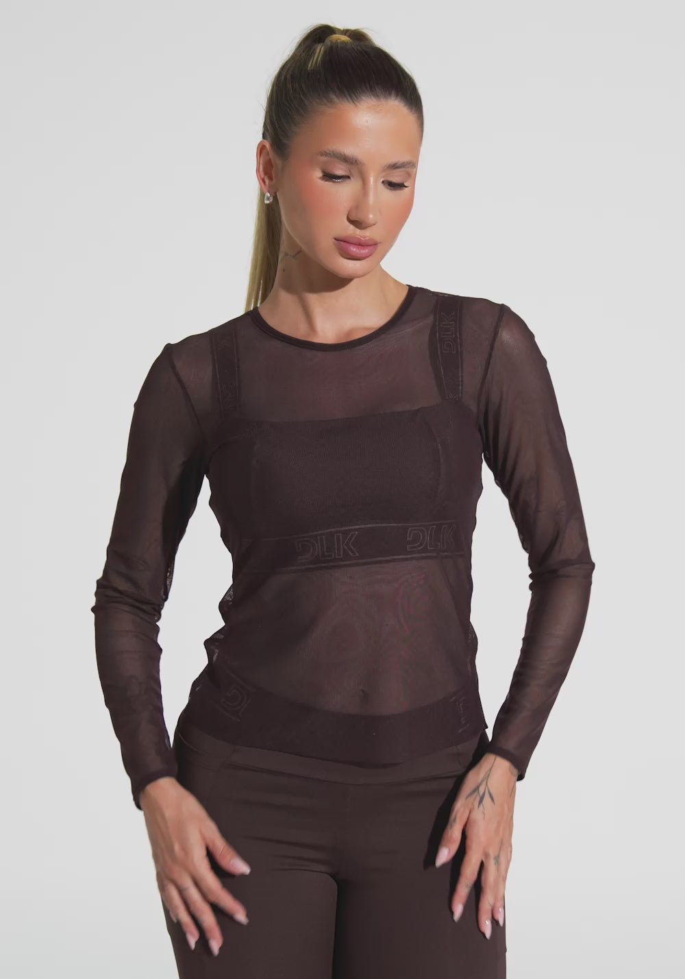 Blusa Feminina De Tule Com Manga Longa Activity Dlk Marrom Café