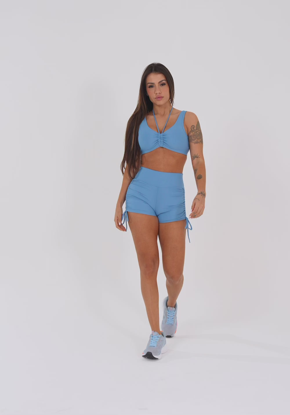 Short Fitness Feminino Azul Com Franzido Aura Dlk