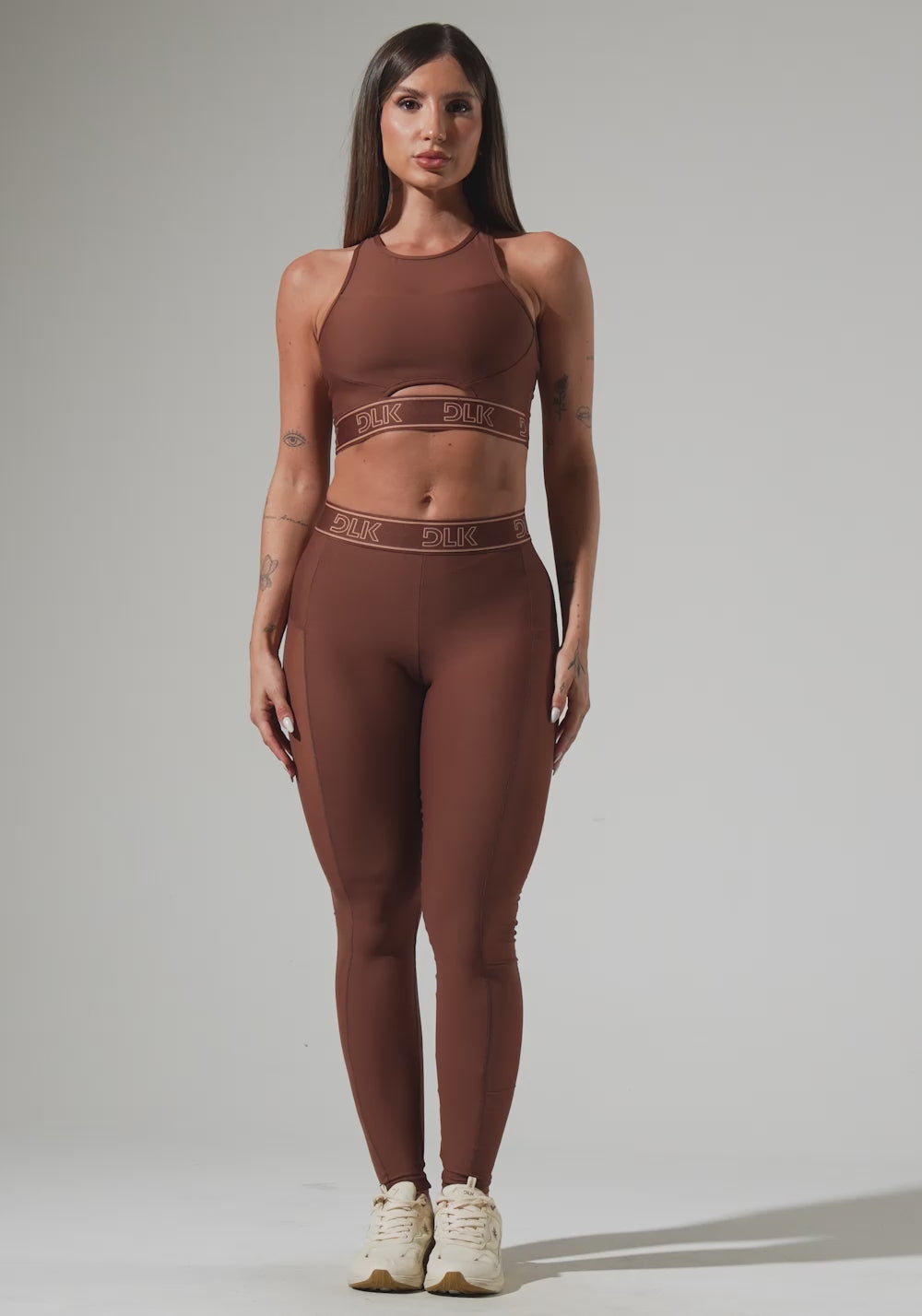 Legging Fitness Feminina Com Elástico No Cós E Tule Lateral Activity Dlk Marrom