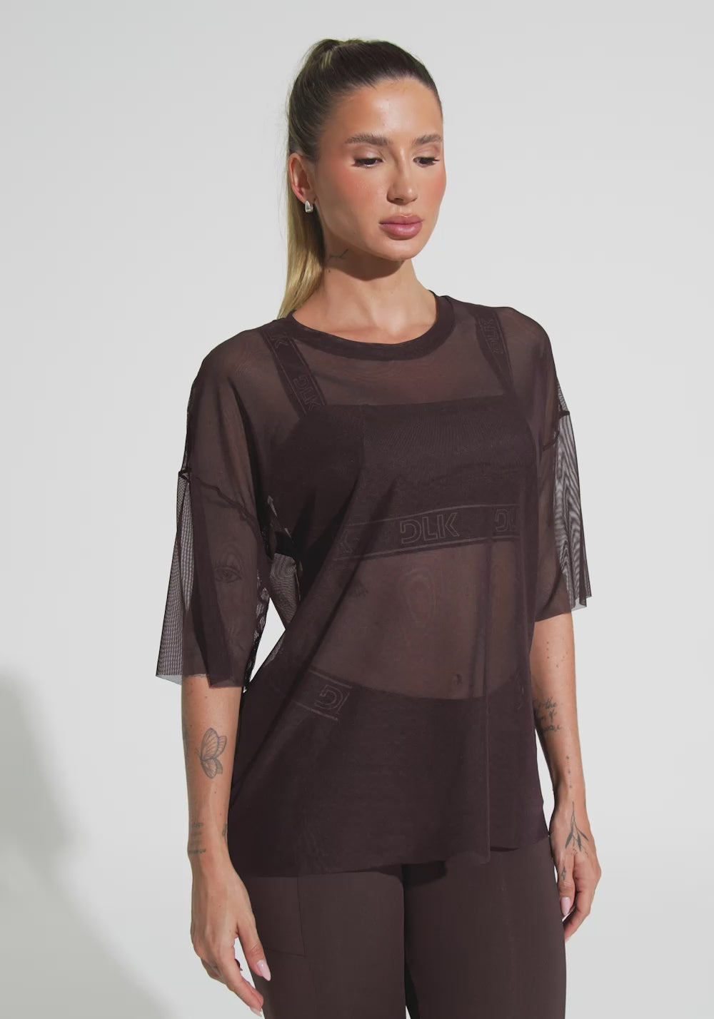Blusa T-shirt Fitness Feminina De Tule Activity Dlk Marrom Café