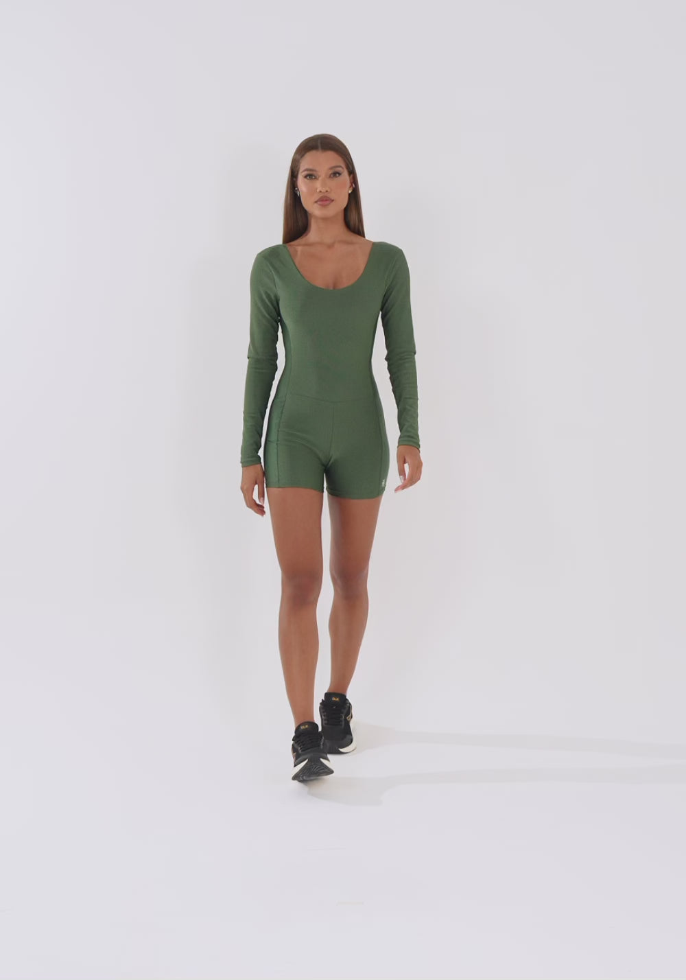 Macaquinho Fitness Feminino Verde Manga Longa Com Detalhe Canelado Lush Dlk