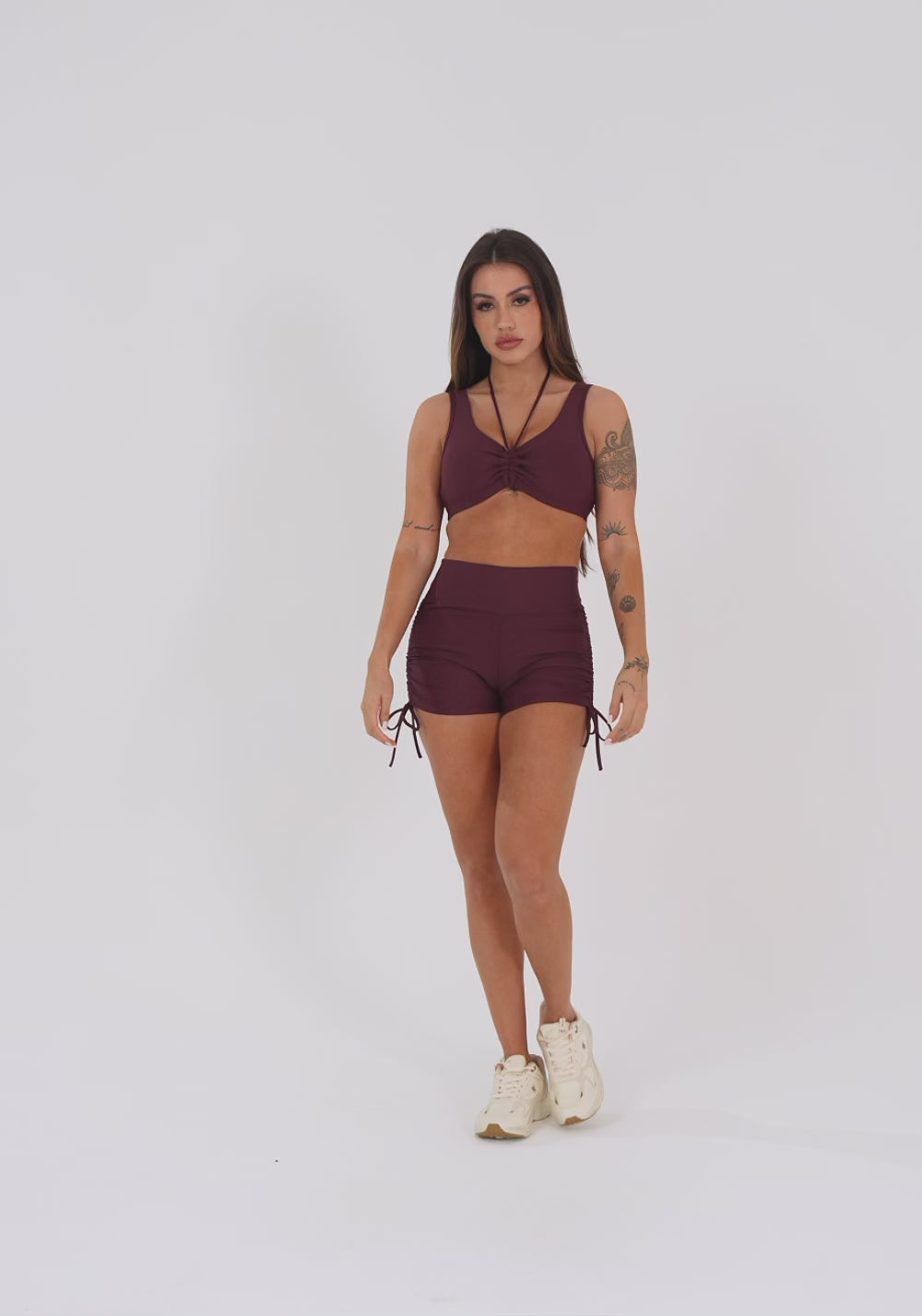 Top Fitness Feminino Vinho Com Franzido E Amarração Aura Dlk