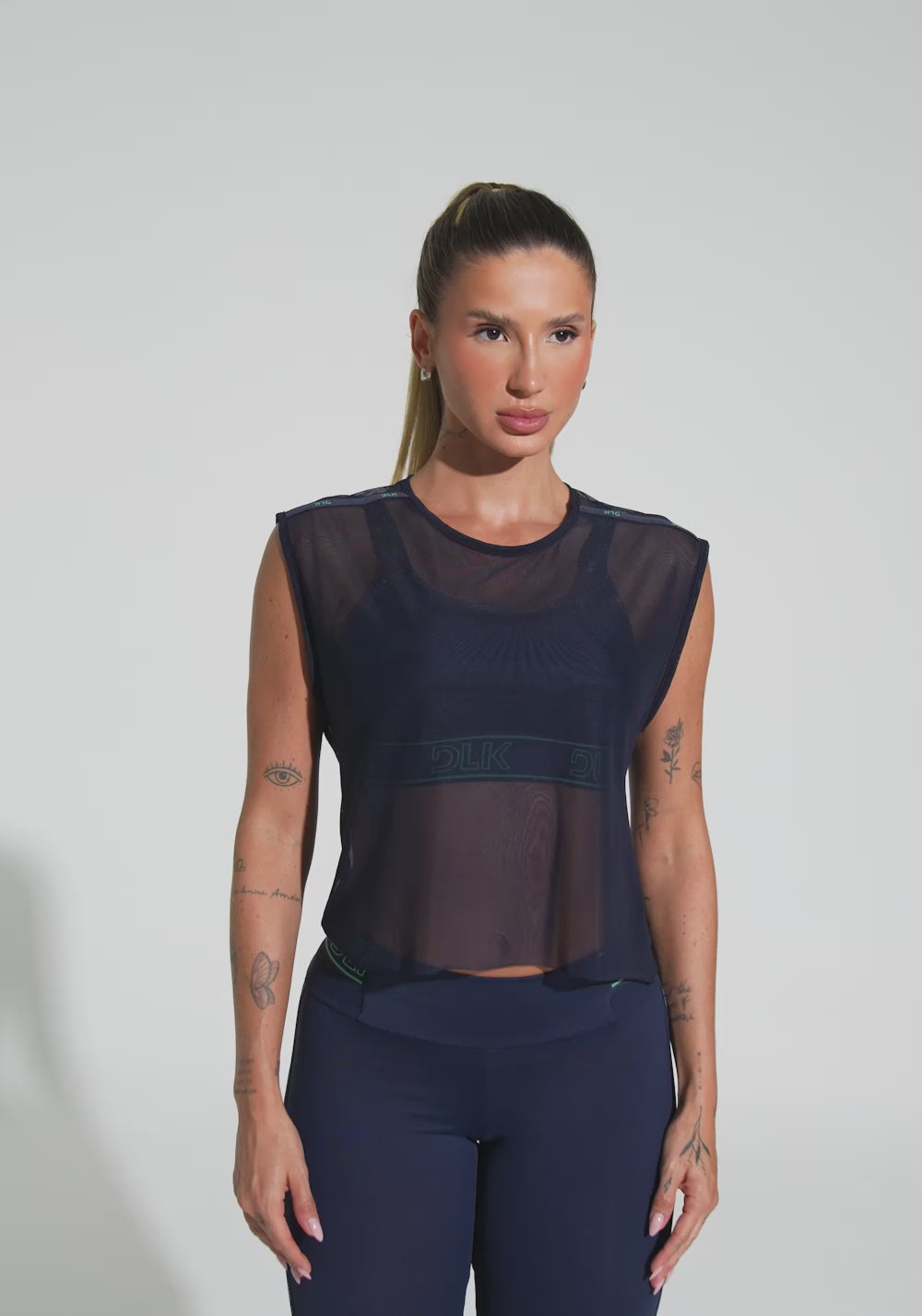 Camiseta Fitness Feminina De Tule Com Elástico Activity Dlk Azul Marinho