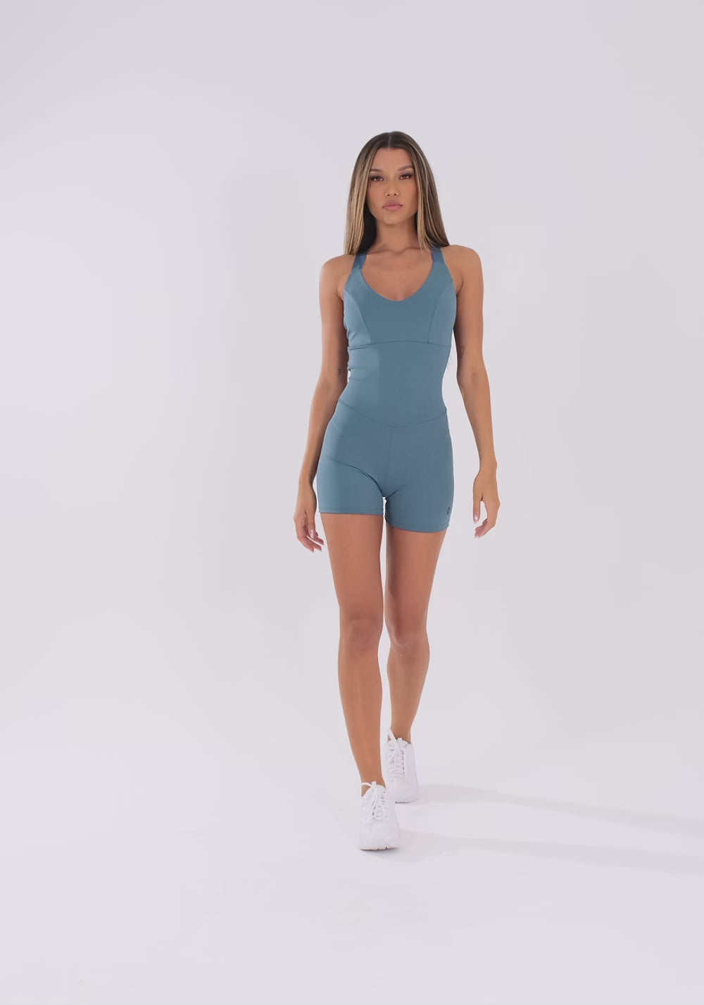 Macaquinho Fitness Feminino Azul com Elástico Cruzado Oasis Dlk