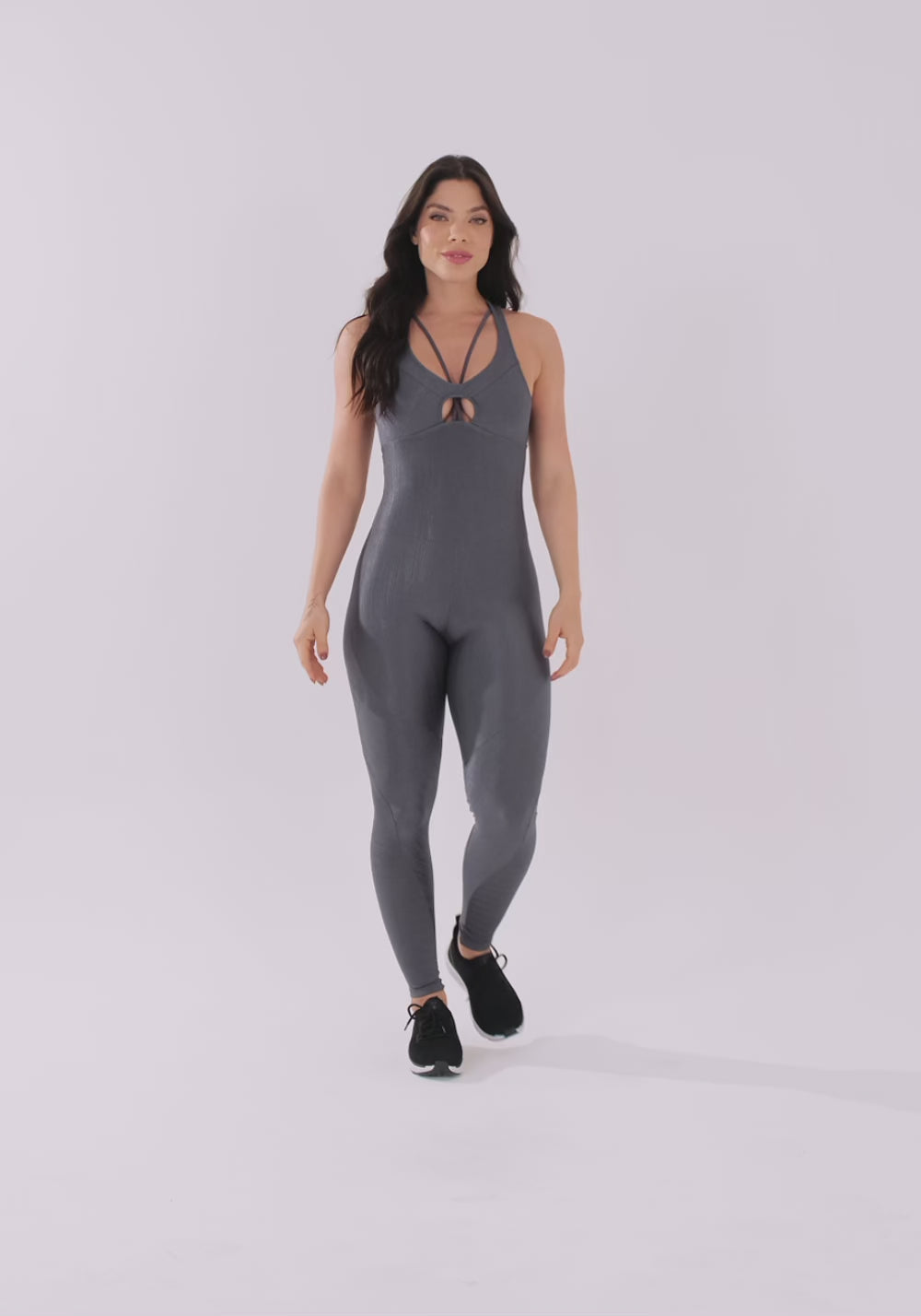 Macacão Fitness Feminino Chumbo Texturizado Cut-out Elegance Dlk